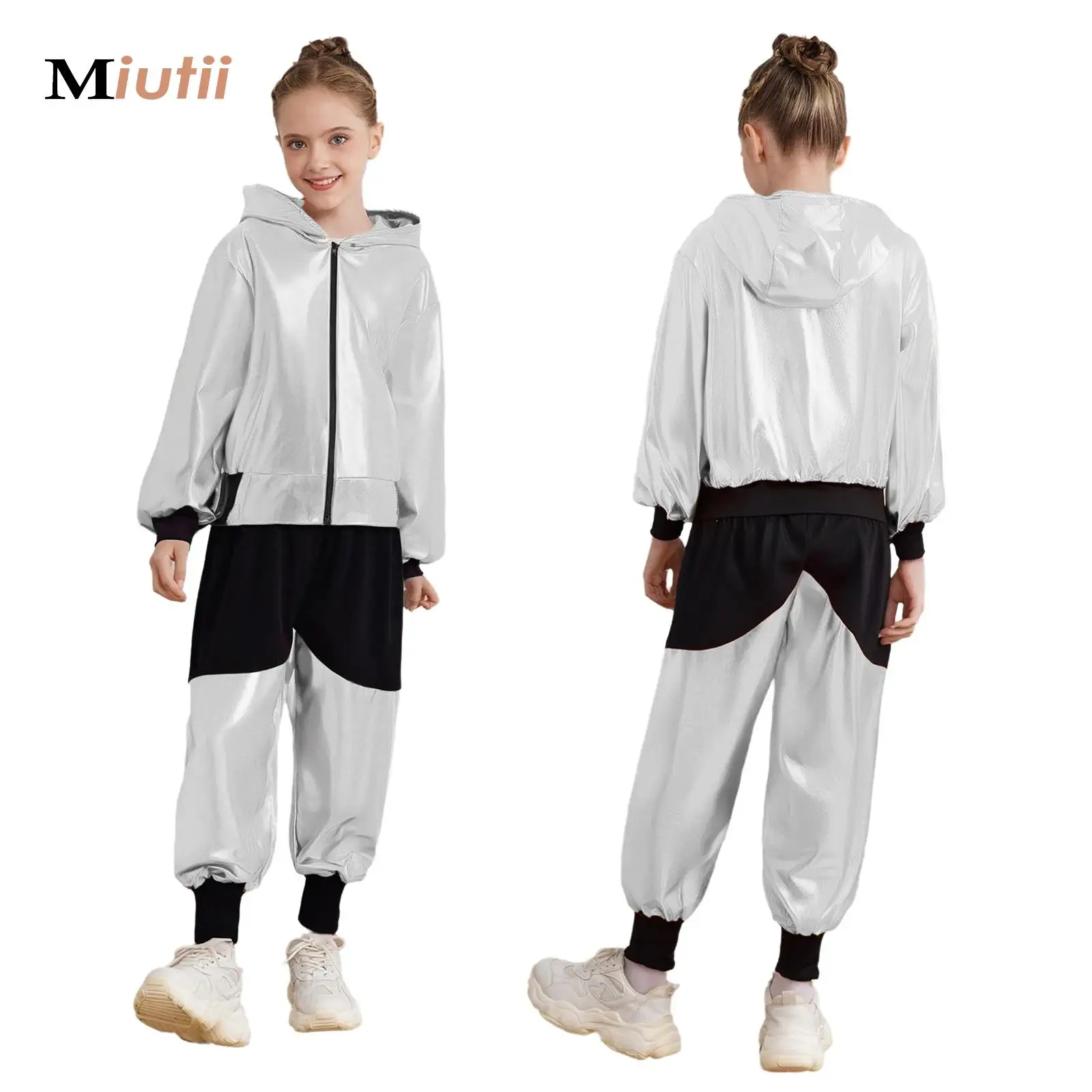 

Boy Girl Hip-hop Set Silver Color Jazz Dance Costume Children Performance Jazz Clothes Hip-Hop Dance Costume