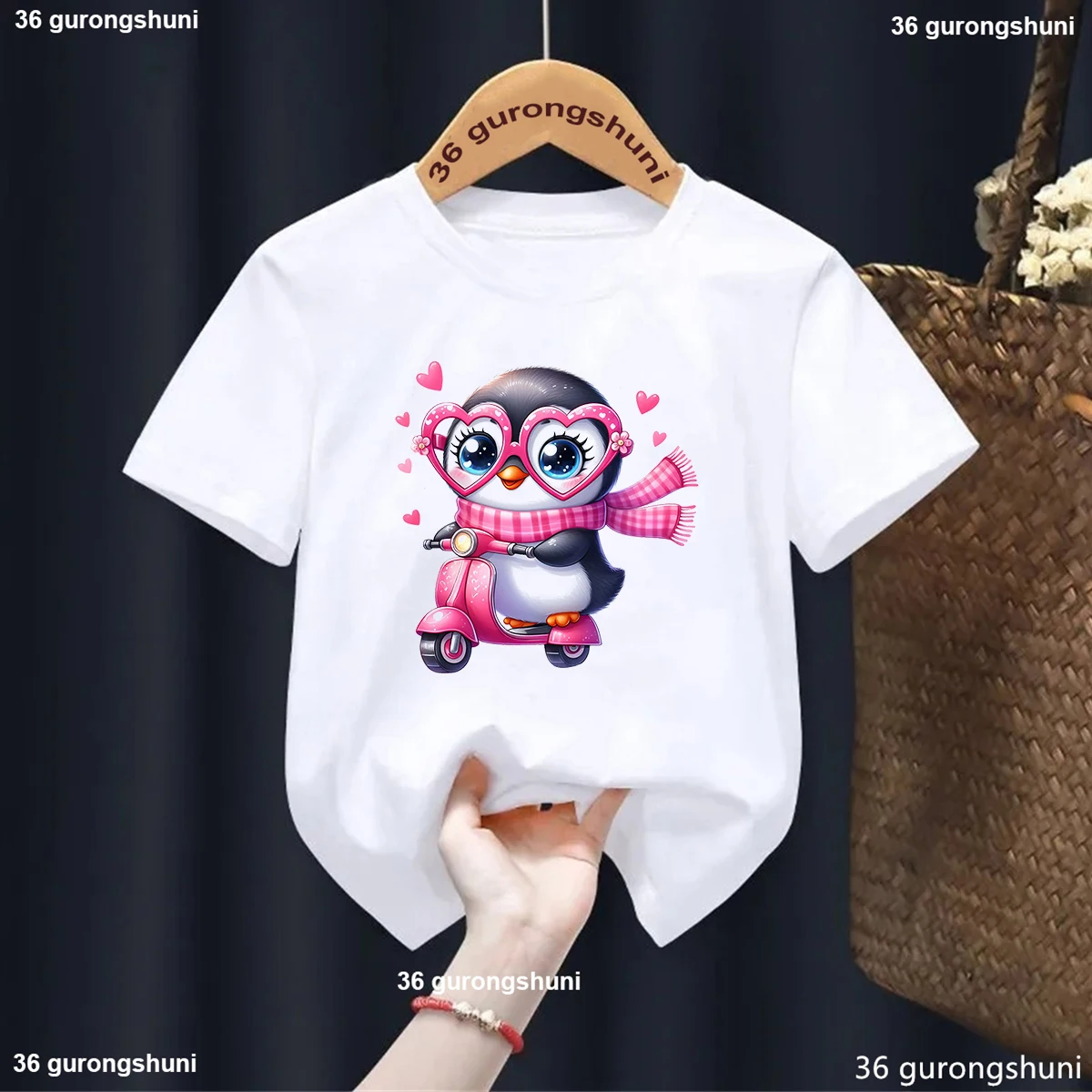 Kawaii Penguin Pattern Print Kids T-Shirt Summer Fashion Short Sleeves Clothes Cute Boys/ Girls White T Shirt Tops Wholesale