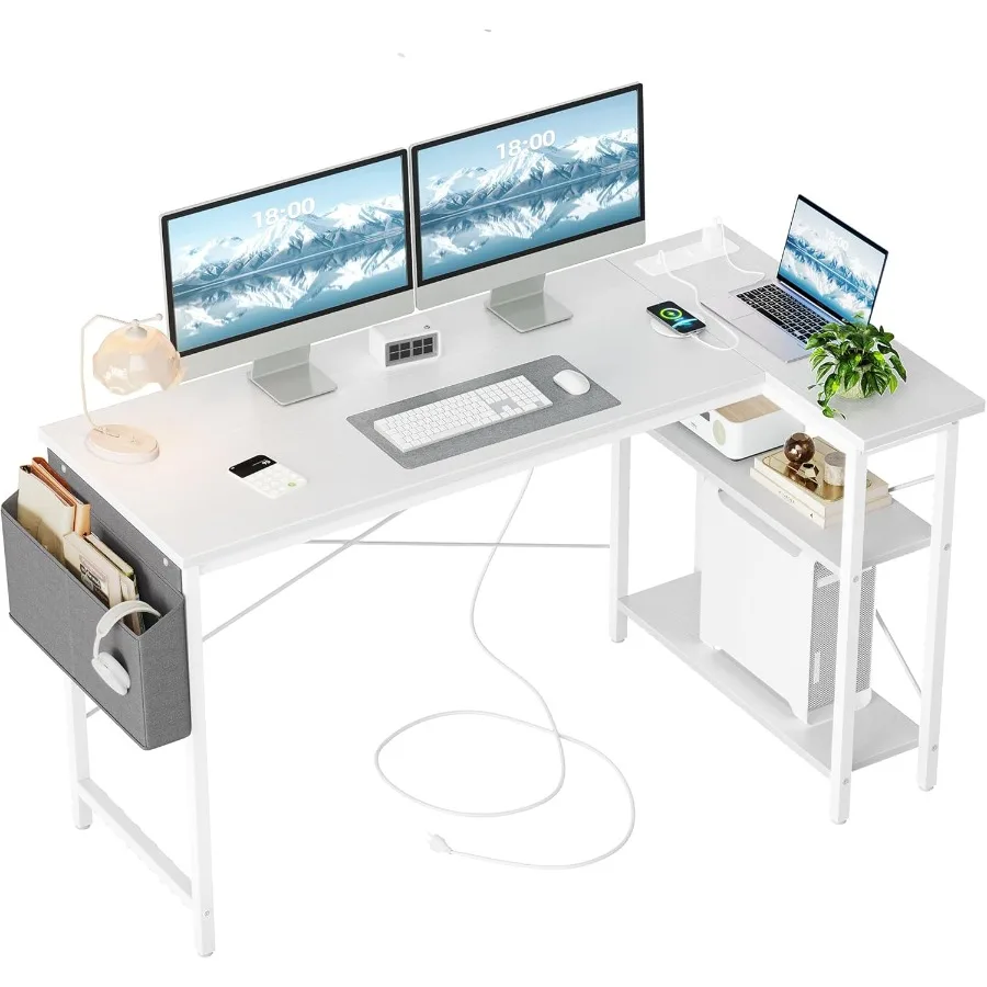 L Shaped Computer Desk with Builtin Power Outlets for Home Office and Gaming Setup 55 Inch Compact Corner Desk with Adjustable
