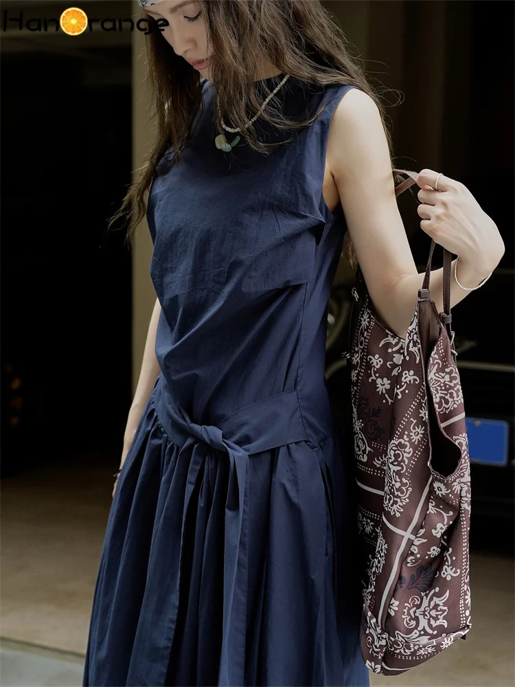 HanOrange 2025 Summer Temperament 3D Pleated Strap Tank Dress Lightweight Breathable 100% Cotton Long Dress Pink/Navy Blue