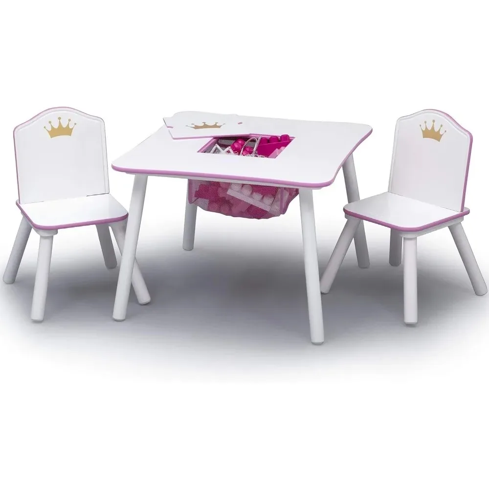 Juego de mesa y silla de madera para niños con almacenamiento, Blanco/rosa, espacio perfecto para juegos, tarea o tiempo de ejercicio