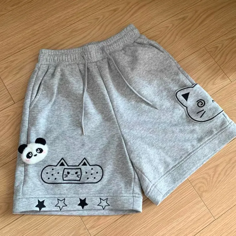 Japanese Preppy Style Y2k Shorts Women Short Pants Kawaii Sweet Cat Print Loose Chic Wide Leg Summer Casual High Waist