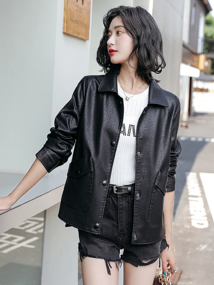   Giacca da donna in vera pelle Ning, stile casual, vestibilità ampia, in pelle di pecora, modello slimming, stile biker, per primavera e autunno, nuovo arrivo