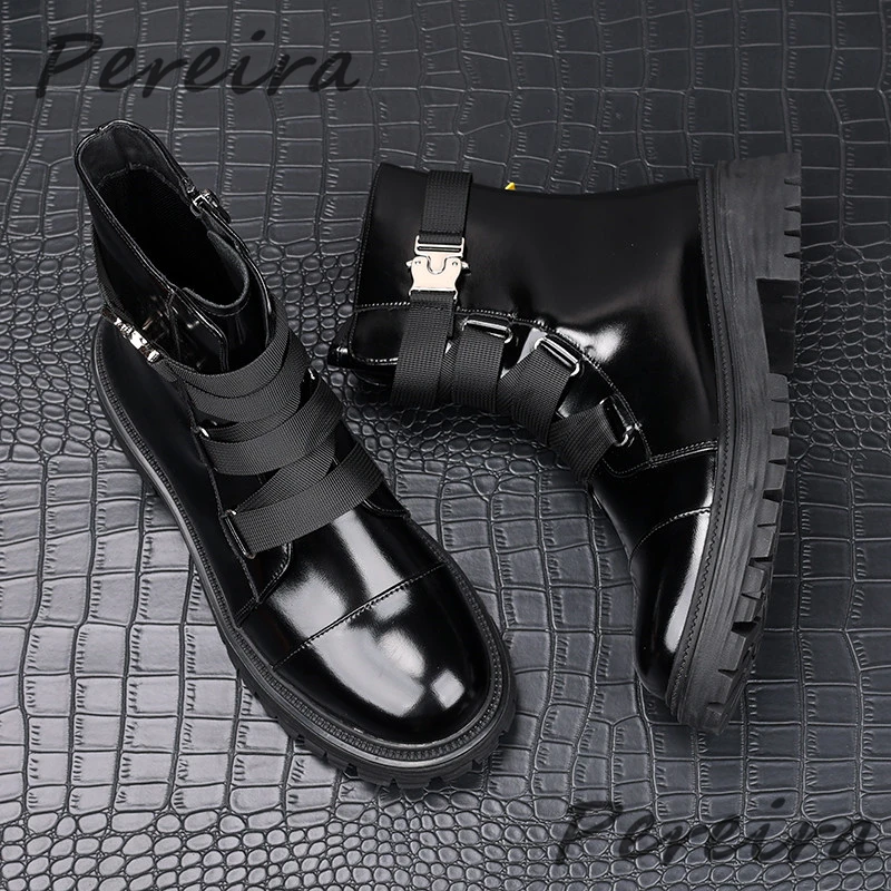Men Patent Leather Thick Soled Motorcycle Boots Fashion Metal Buckle Round Toe Height Increasing Shoes Comfortable Ankle Boots