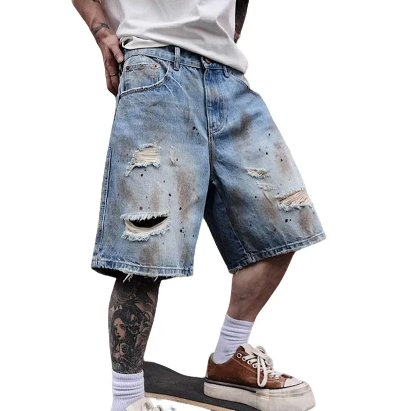 KIDWHXR Men's Denim Short Scontrast Color Distressed Hole Male Casual Shorts Streetwear Loose Straight Man Knee-length Jeans view 5