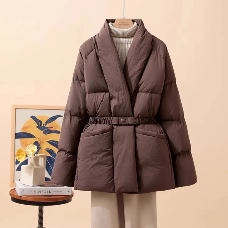 Halflange donsjas voor dames met V-hals - Nieuwe herfst-/winterstijl Modieuze taille met riem, losse pasvorm, warme jas Trendy