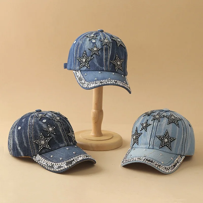 1 PC Bow Pearl Diamond Denim Baseball Cap, Spring and Summer New Girls Cap,Sun Protection Denim Hats for Women