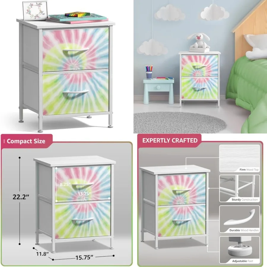 

Nightstand with 2 Drawers - Bedside Furniture End Table Night Stand - Steel Frame, Wood Top and Easy Pull Fabric Bins - Dresser