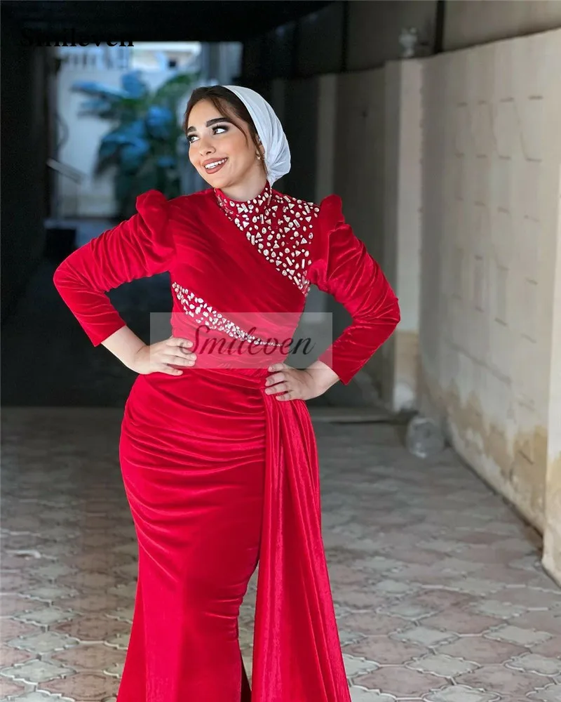 Smileven Red Velour Moroccan caftan Formal Evening Dresse High Neck Long Sleevees High Neck Beading Women Prom Party Gowns 2024