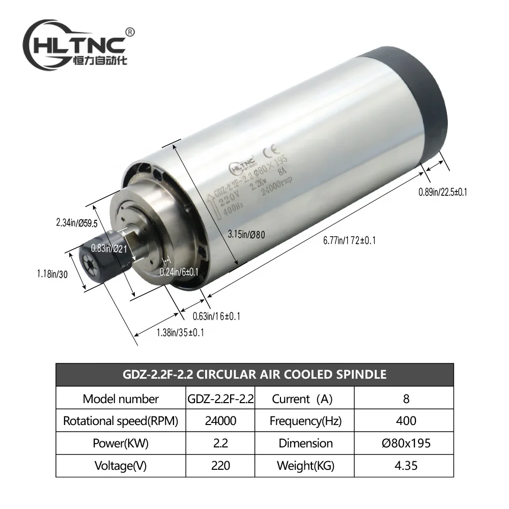 Motore mandrino per fresatura metalli HLTNC ad alta velocità 24000 giri/min raffreddato ad acqua ad aria 2.2kw ER20 per motore mandrino CNC per fresatura CNC