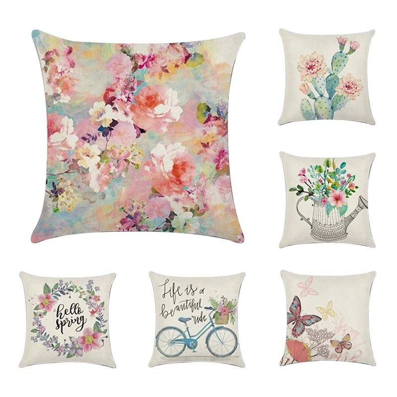 

HOT SALE 6 PCS Spring Flower Butterfly Pillowcase Linen Pillow Cover Home Decor Square Cushion Cover Printing Pillow Case