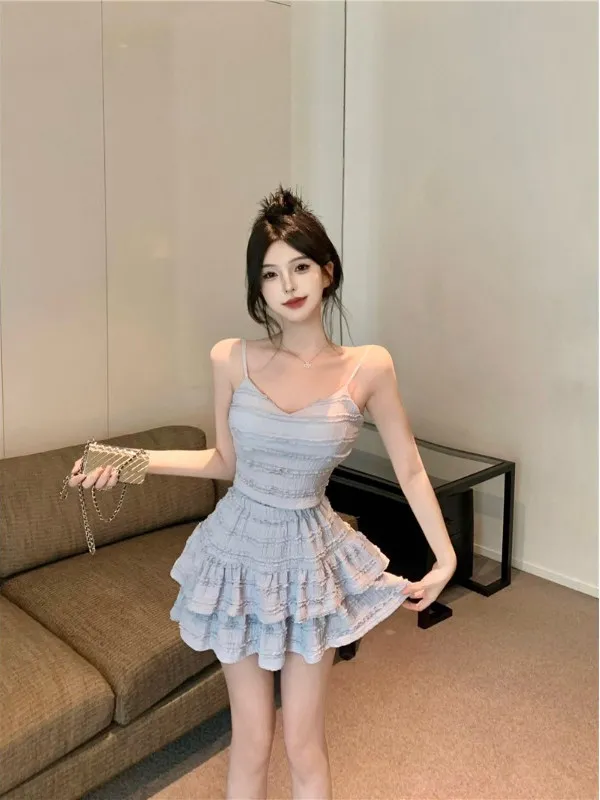 

Ele Ladylike Off-oulder Vest Top High Waist Puffy Skirt Cake Skirt Set Two-Piece Set Wooden Trim Summer Faion