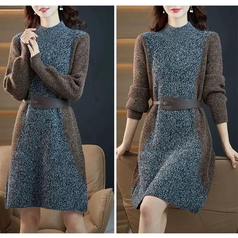 

High-Quality Dress Women Spring Autumn Winter2025New Fashion Pullover Sweater Vestidos Western-Style Knitted Base Dresses Female