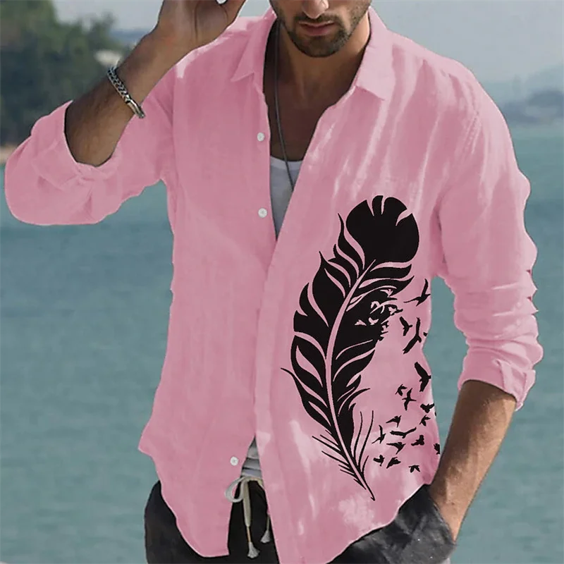 2023 New Fashion Luxury Social camicia da uomo con risvolto camicia con bottoni camicia a maniche lunghe con stampa di piume Casual Cardigan per palla da uomo