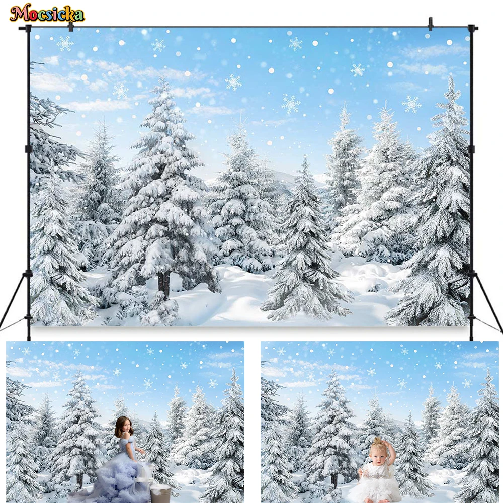 Mocsicka-Fondo de bosque congelado para fotografía, telón de Navidad para exteriores, copo de nieve, utilería de estudio fotográfico familiar para niños, Invierno