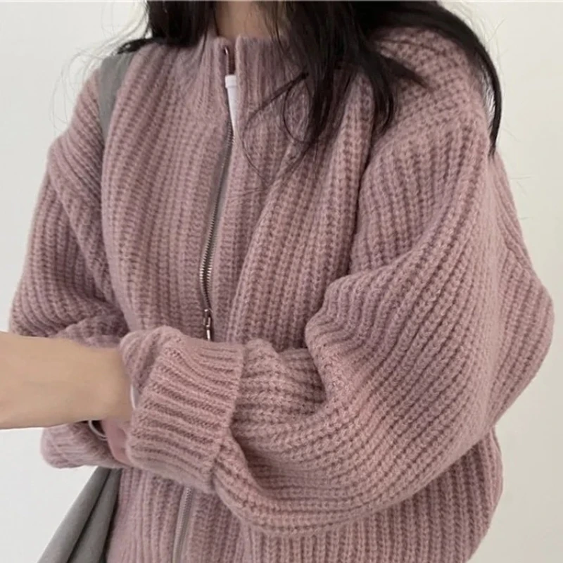 

Свободный женский свитер, пальто, повседневная шикарная зимняя одежда, новый модный вязаный свитер на молнии, кардиган, женский осенний свитер с длинным рукавом