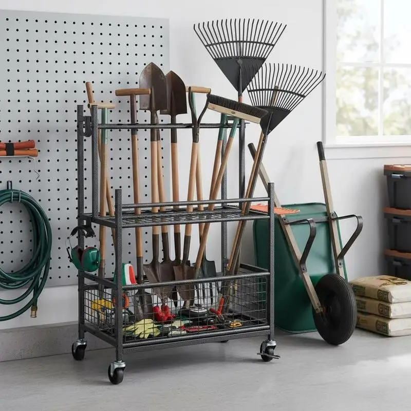 

Metal Yard Implement Storage Rack 16 Slots with Hooks for Garage Shed Outdoor Rolling Utility Tower Holder for Long-Handled Tools Rakes Brooms Heavy Duty Organizer 23.6x15.7x35.4 Inches