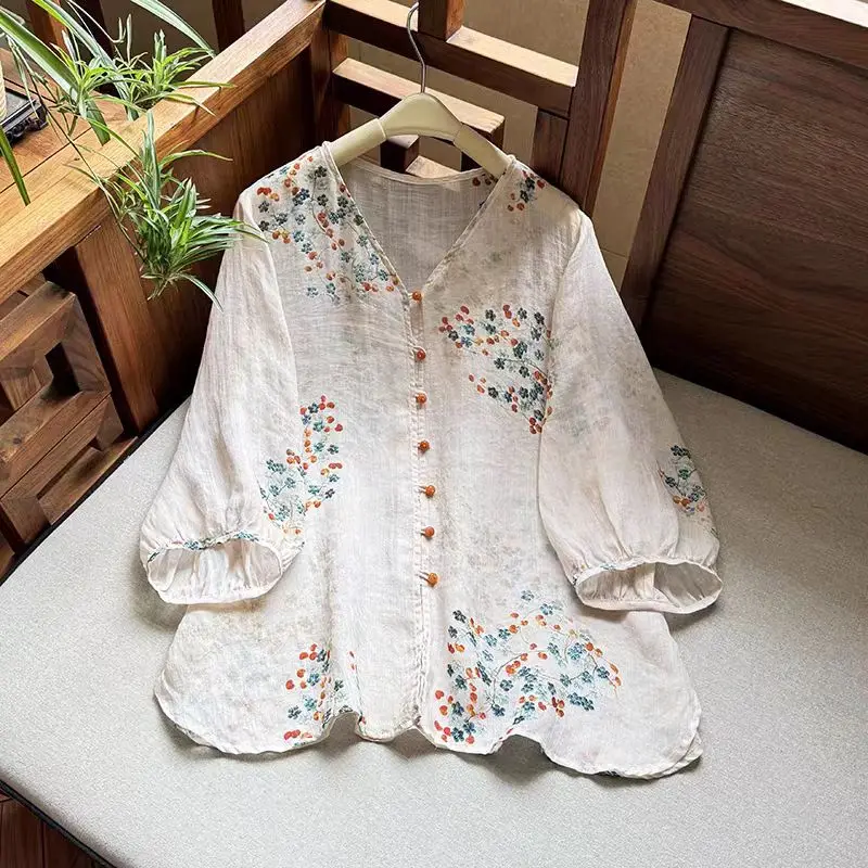 

Женский летний открытый кардиган с v-образным вырезом, льняной принт, повседневная тонкая верхняя одежда, маленькая одежда, свободная посадка Seven Sve, длинная стандартная длина