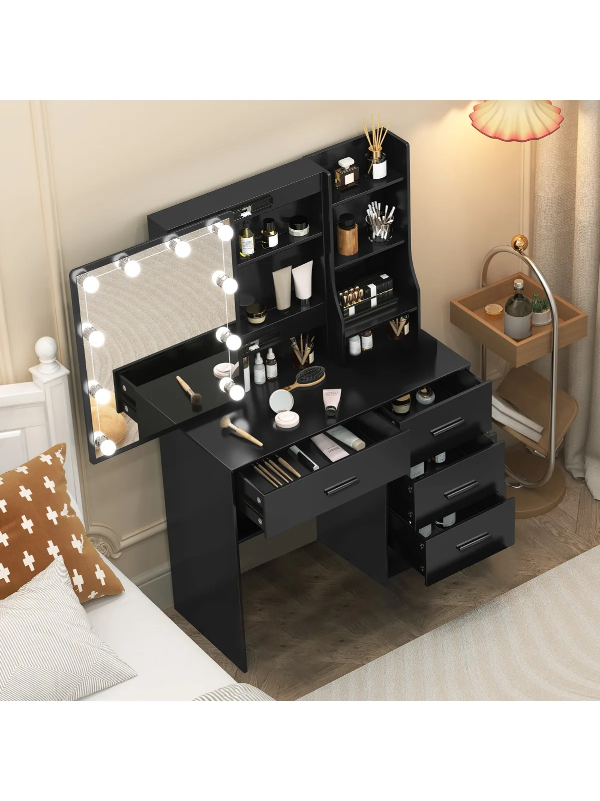 LED-verlichting make-up bureau make-up kaptafelset met 4 lades schuifspiegel - afbeelding 2