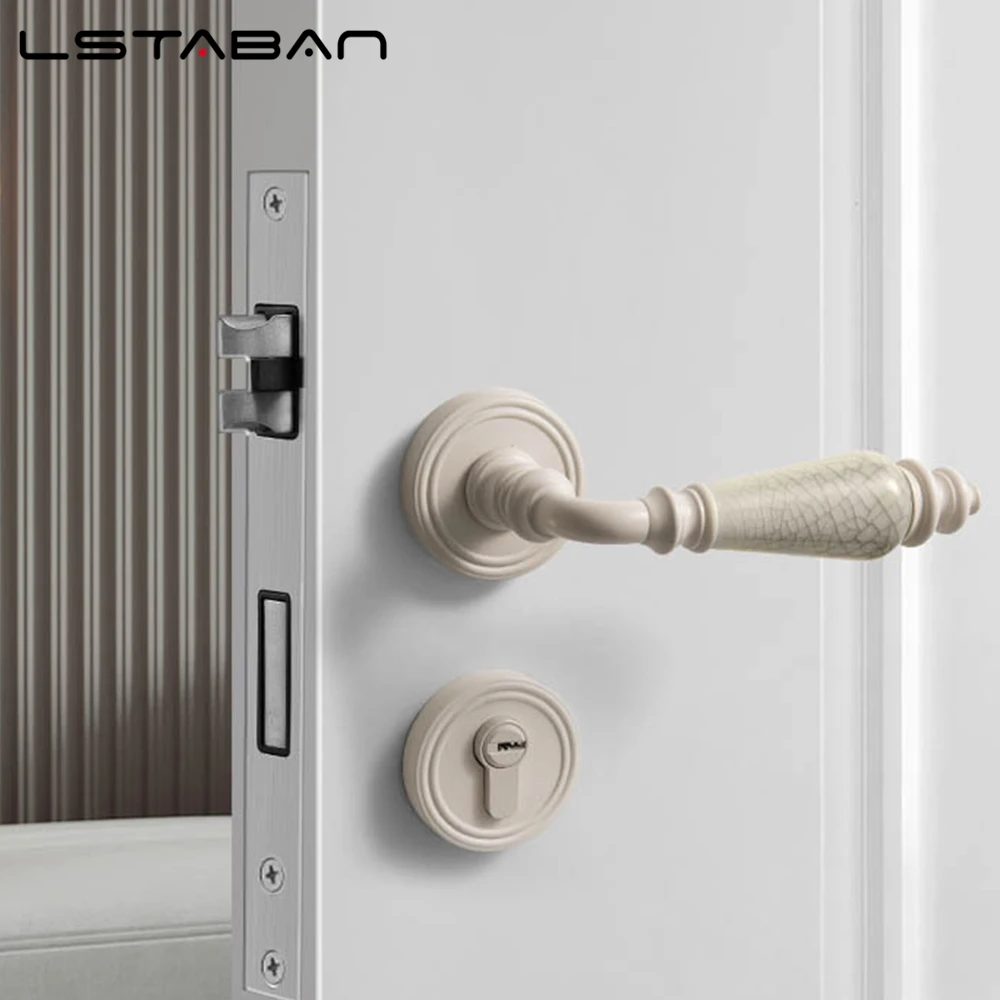 

French-Style Cream-Colored Retro Door Lock Luxurious Bedroom Lock Silent Split Ceramic Door Lock Interior Wooden Door Handle