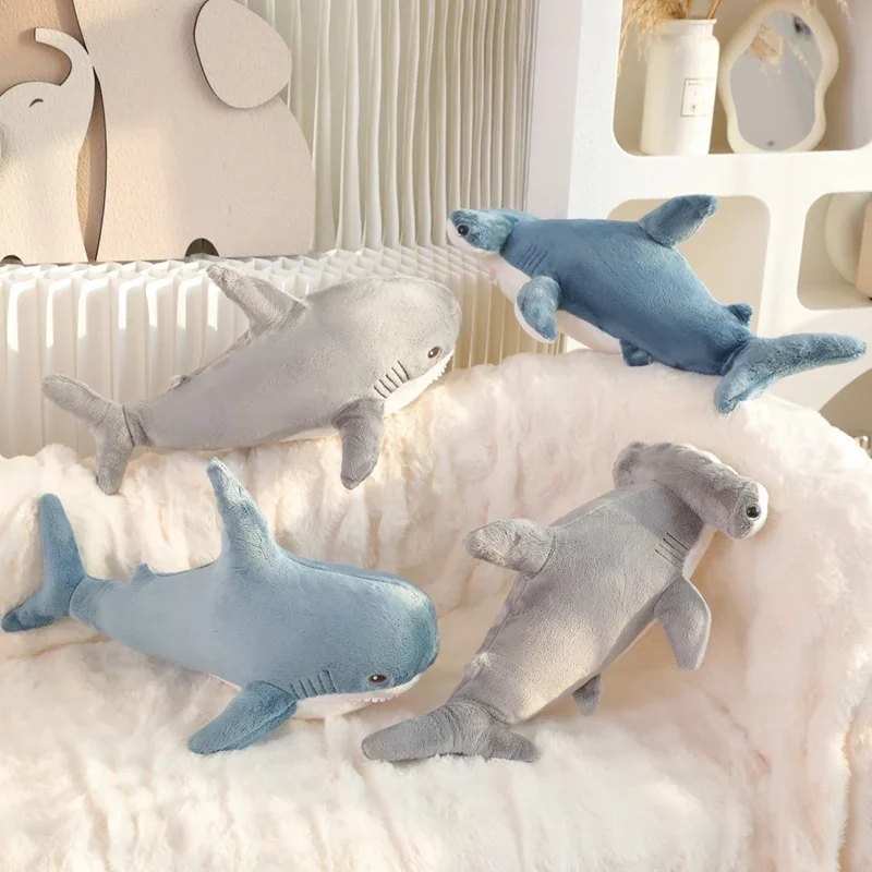 Oreiller en peluche requin marteau 55cm, poupée d'animal marin bleu gris, jouet compagnon de couchage, cadeau pour enfants