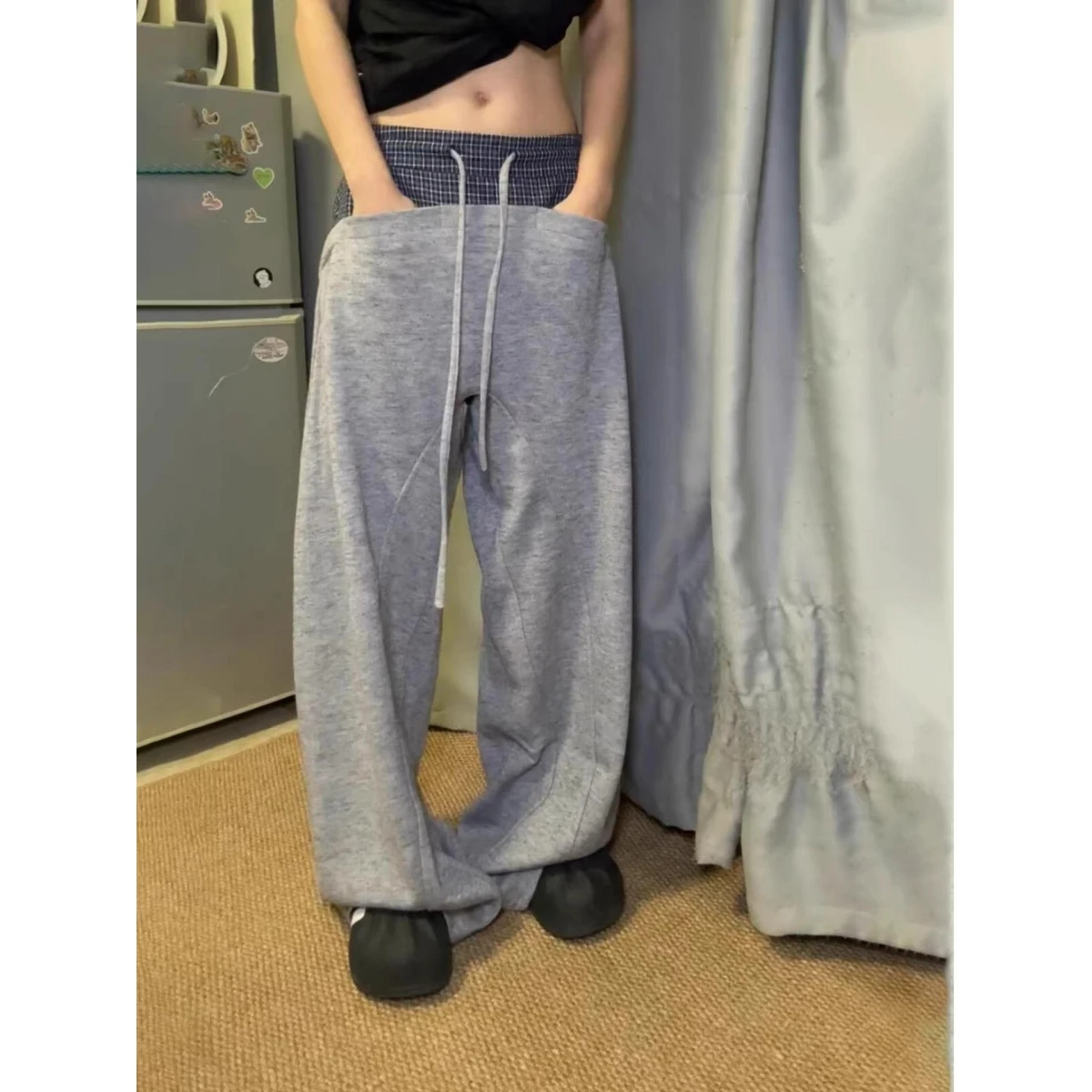 Grey Plaid Patchwork Loose Feel Wide Leg Knife  Sweatpants American Style Double Waist Head Street Dance Sports Pants