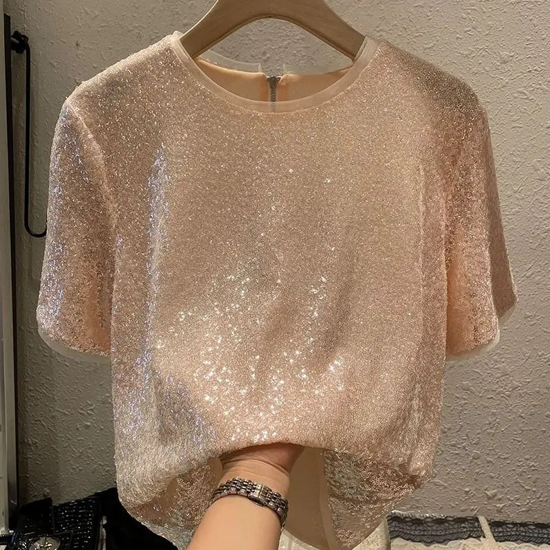 Summer New Round Neck Fashion Short Sleeve T-shirt Women High Street Casual Loose Sequined Pullovers Zipper Patchwork Chic Tops