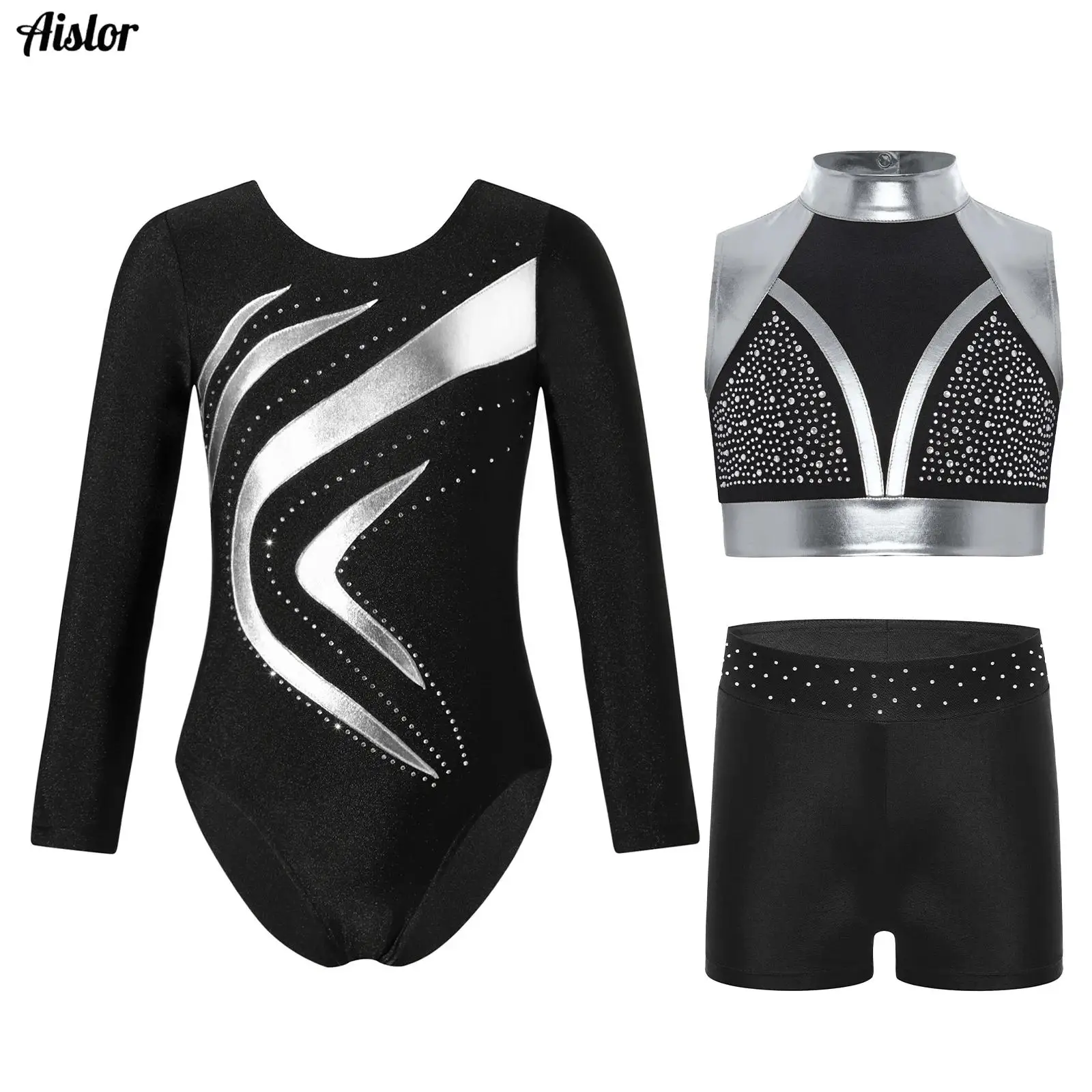 

3Pcs Kids Girls Gymnastics Dance Outfit Metallic Long Sleeve Round Neck Leotard+Sleeveless Shiny Rhinestones Crop Top+Shorts Set