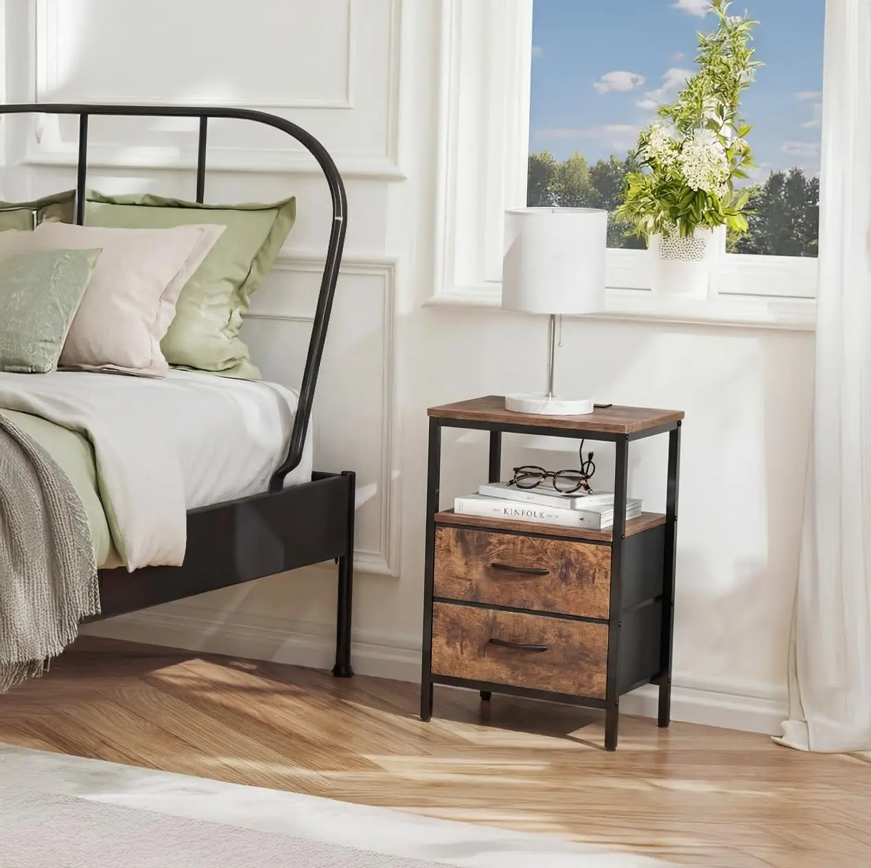 2-Piece Nightstand Set with Charging Station, End Tables, and Side Tables
