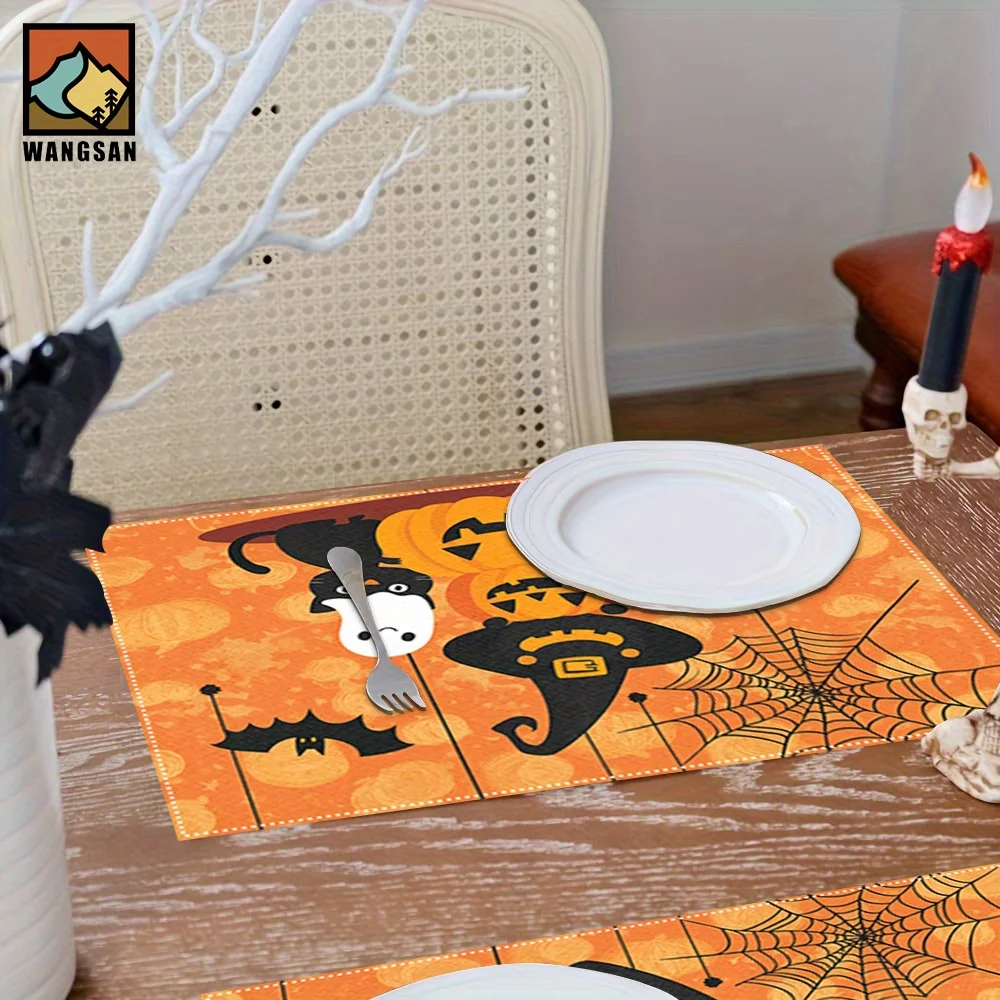 Halloween Themed Ghost Cat Spider Web Pumpkin Bat Design Dining Table Mat Rectangular Machine Washable Table Protector