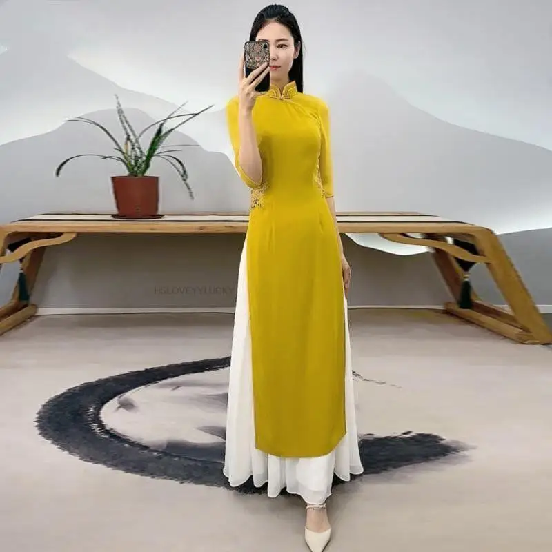 Elegante roupa tradicional Aodai para mulher, vestido Vietnam Dai, Cheongsam melhorado, conjunto de duas peças, Vietnam