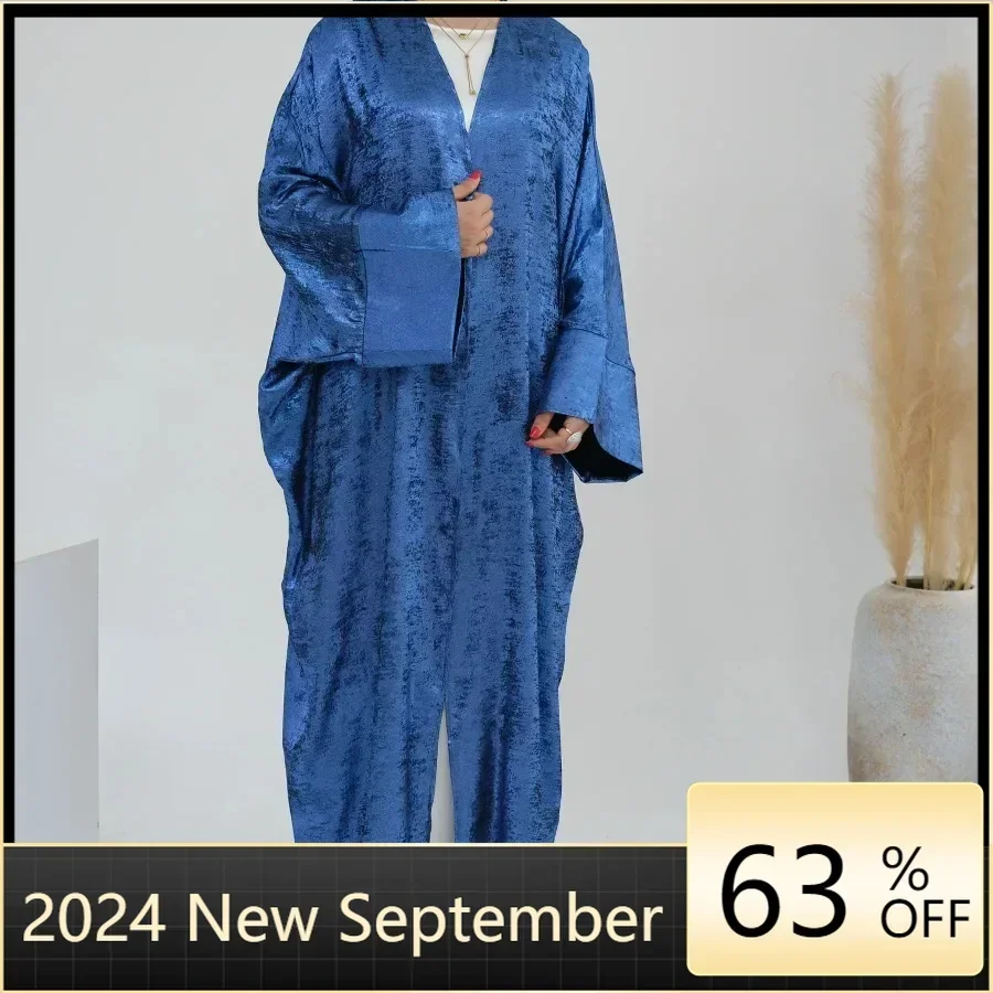 Clothes for Muslim Women Eid Open Kimono Coat 2024 Dubai Abaya Long Sleeve V-neck Abayas for Women Elegant Muslim Dress Women