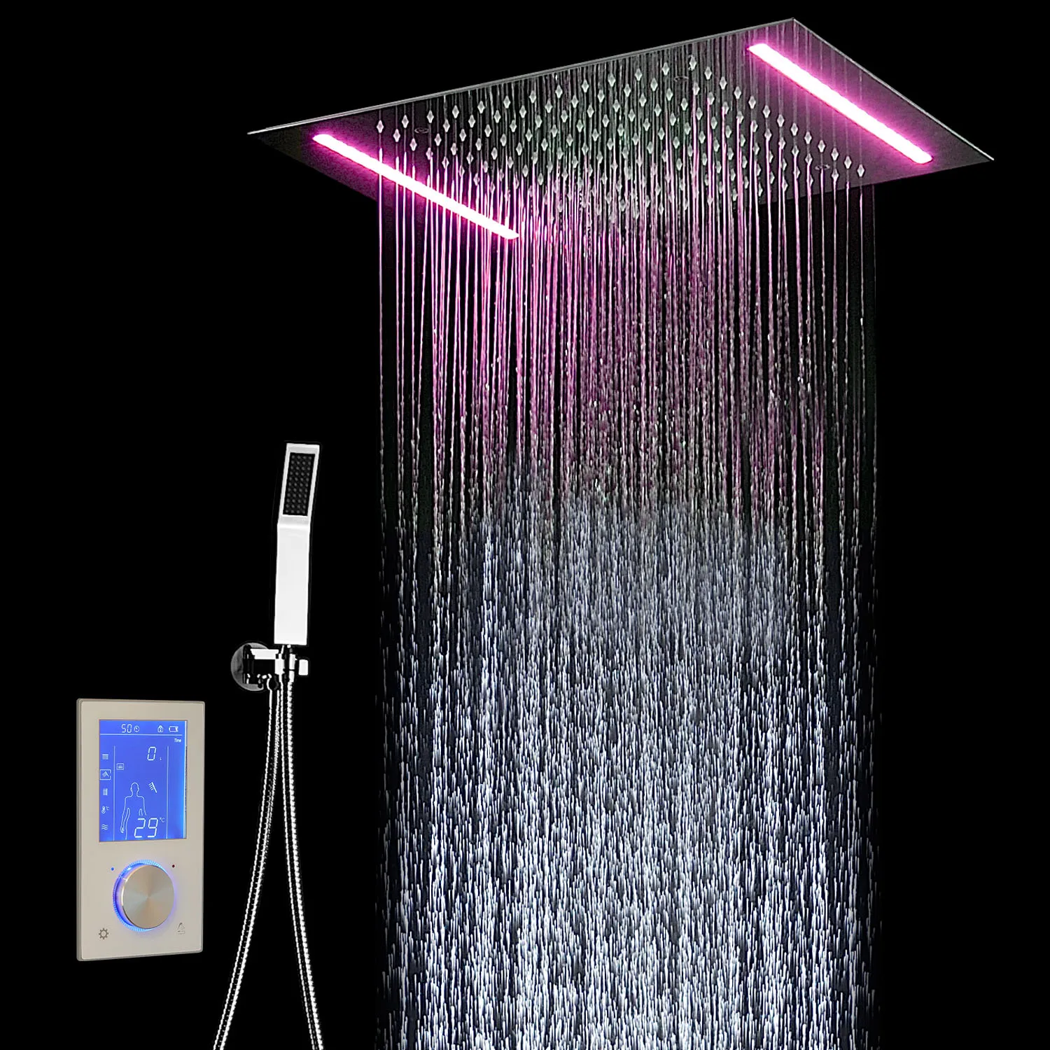 

digital shower set 14'' x 20'' LED rainfall overhead massage shower thermostatic 2 ways bathroom system