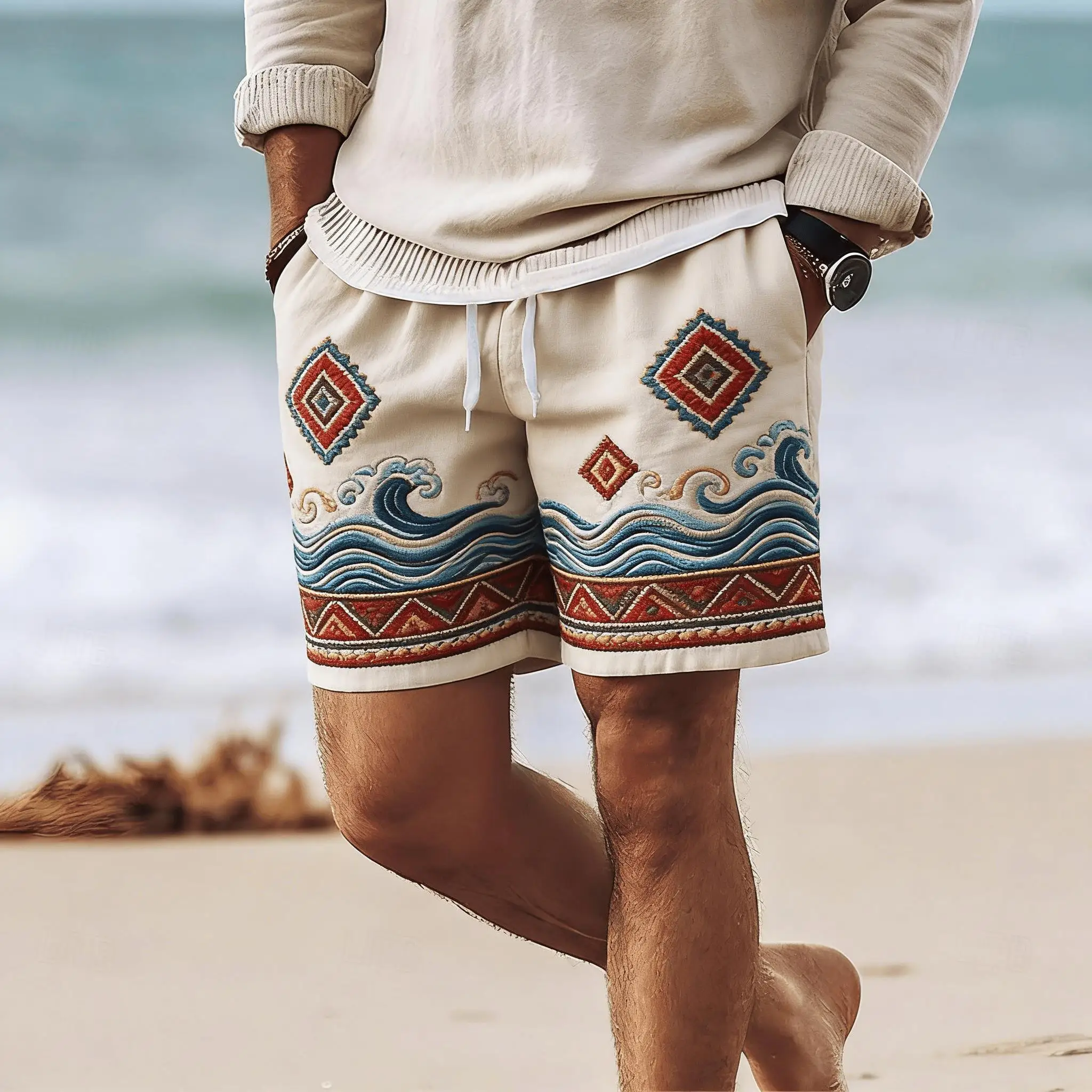 Men's Wave Rhombus Embroidery Print Drawstring Shorts, Spring Summer Ethnic Vacation Casual Shorts, Pocket Beach Shorts