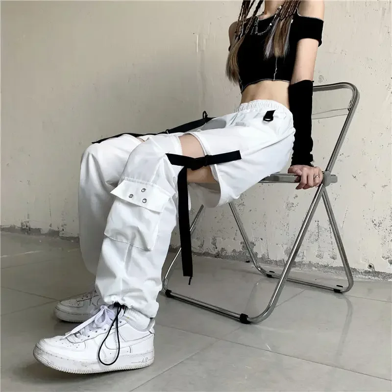 Women Y2k Pants Korean Techwear Emo White Streetwear Cargo Harajuku Loose Patchwortk Alt High Waist Casual Removable Trousers