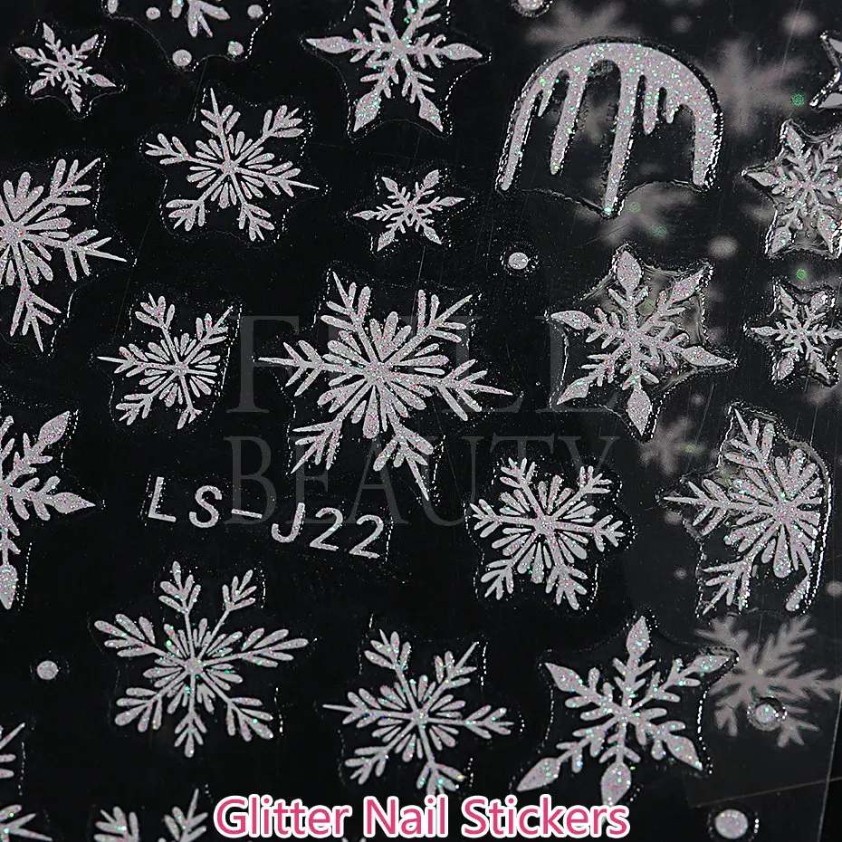 Glitter Christmas 3D Nails Stickers Snowflakes Xmas Elk Winter Snow Sliders Shiny Powder Design Heart French Nail Decals LS-J21