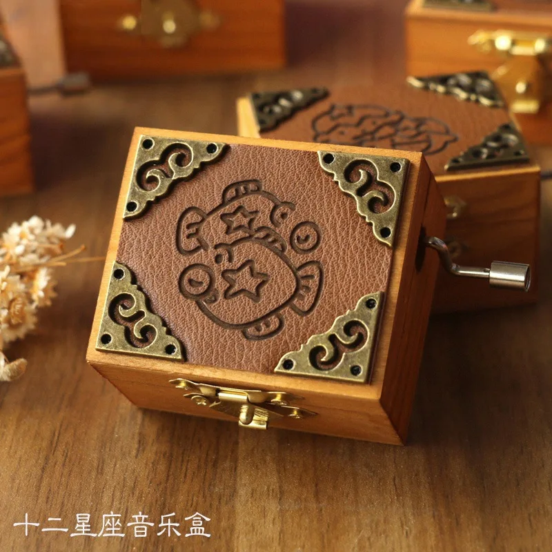 Hand-cranked music box Twelve Zodiac Sign Hand Cranked Music Wooden Octave Box, Birthday Gift For Boys And Girls