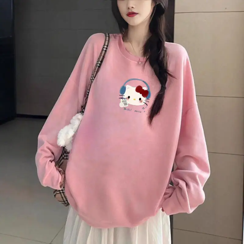 Miniso جديد لطيف الكرتون مرحبا كيتي طباعة سترات قطنية عالية الجودة للنساء الخريف الشتاء طويلة الأكمام البلوز عادية للجنسين Y2K القمم #1