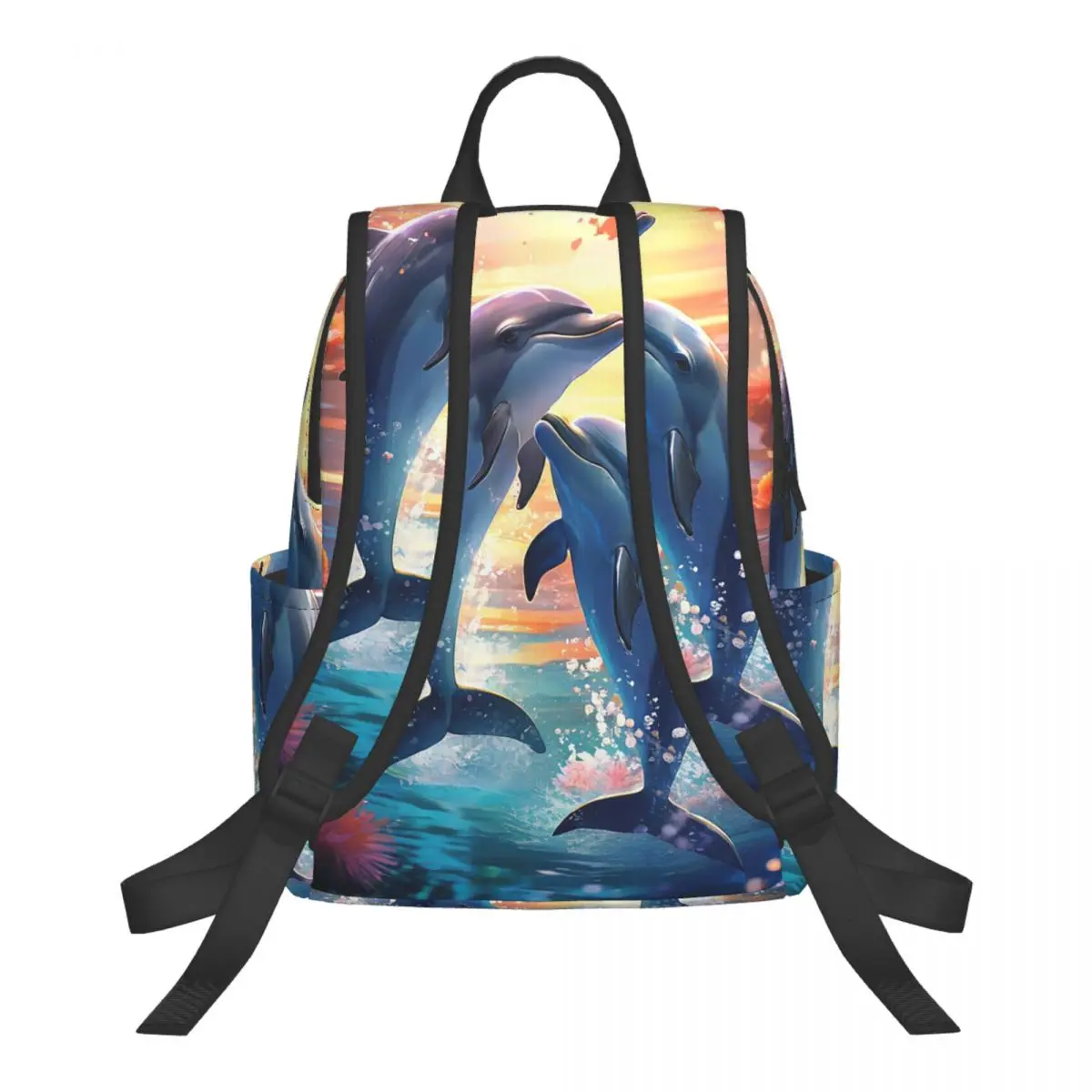 Dolphin With Moon And Floral Sunset Student Backpack School Bag Hiking Travel Daypack for Boys Girls Bookbag Shoulder Bags