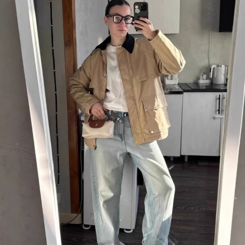 Autumn Winter Warm Jacket Women's Corduroy Patchwork Lapel Long Sleeves Coat Parkas Cotton Padded Jacket Womens Winter Clothing