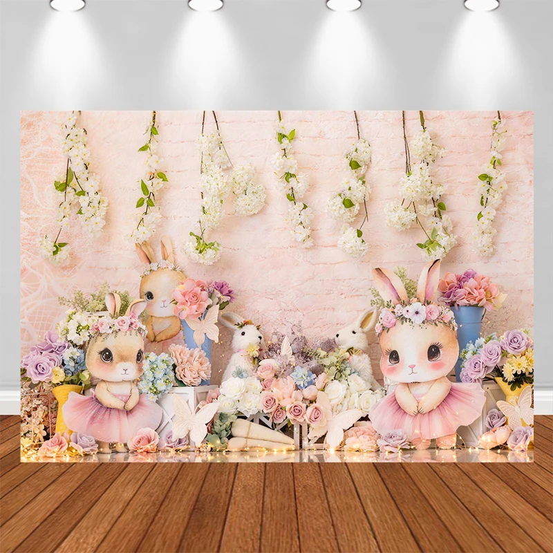 LS Bunny Easter Backdrops Birthday Cake Smash Adult Photography Props Baby Child Decor Wooden Fence Green Vine Backgrounds