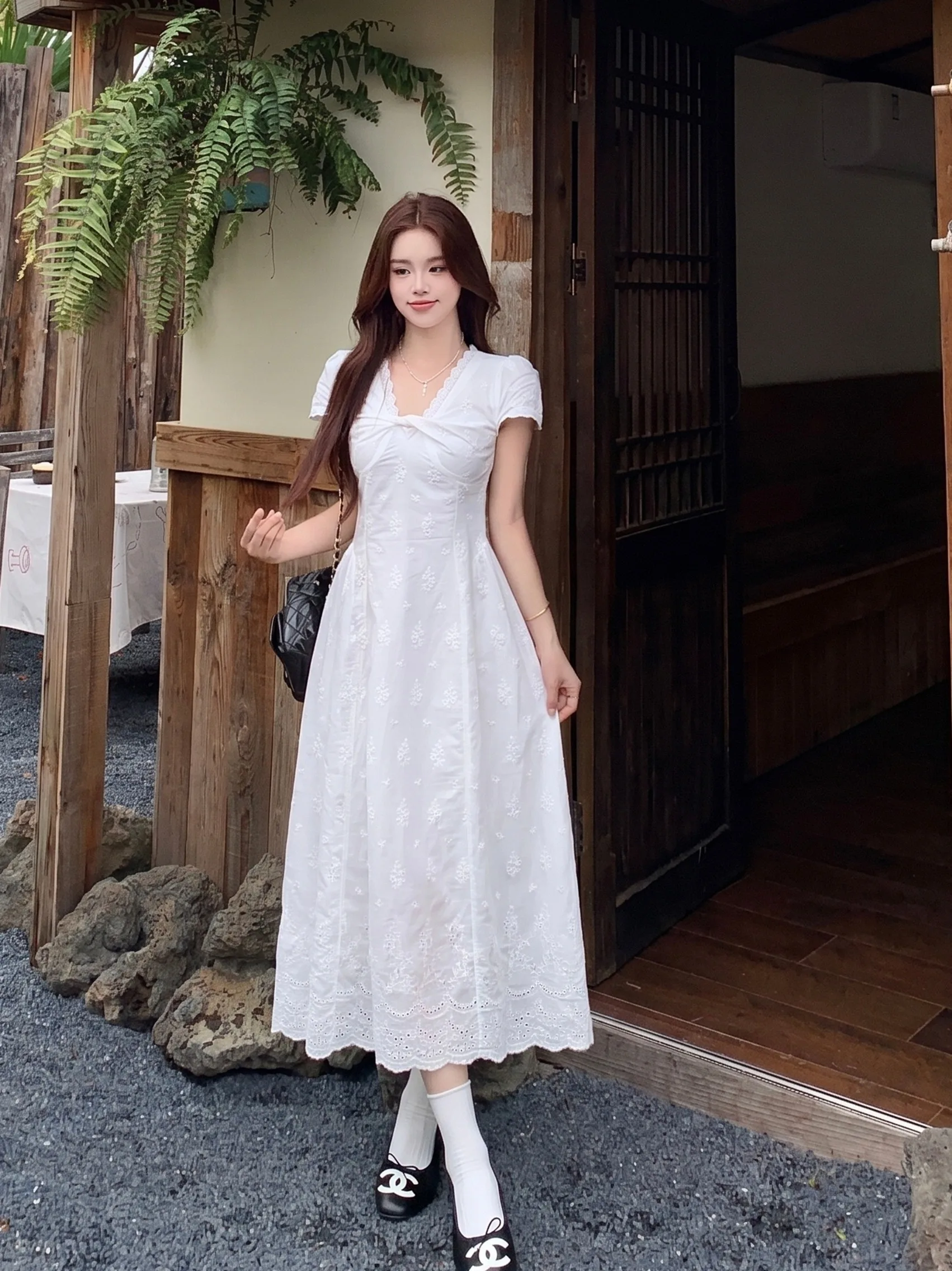 

plus Size Women's Sweet Style V-Neck Short Sleeve A-Line Dress Summer New Waist-Cinching Concealing Long Dress Korean Version