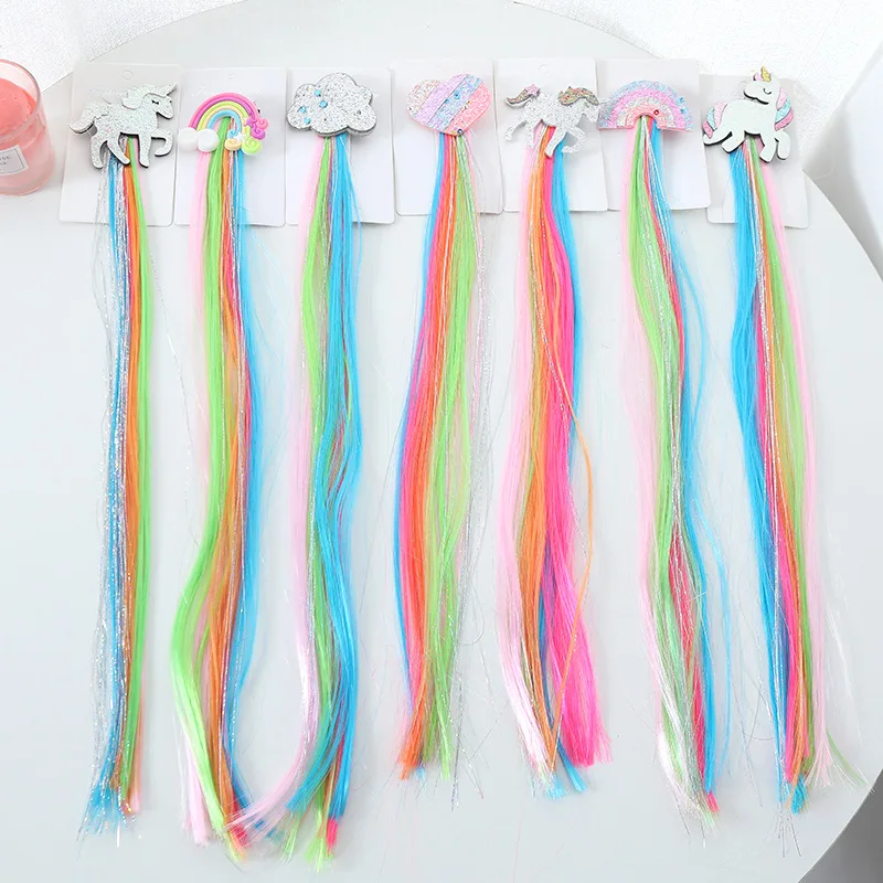 

Hot Selling Children Cute Bow Unicorn Straight Hair Ornament Colorful Wig Braid Hair Clip for Girls