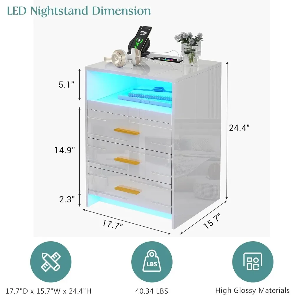 LED Nightstand Set of 2 with 3 Drawers, 1 Pull-Out TrayWireless Charging, USB Port, Human Sensor, Smart Modern LED Nightstand