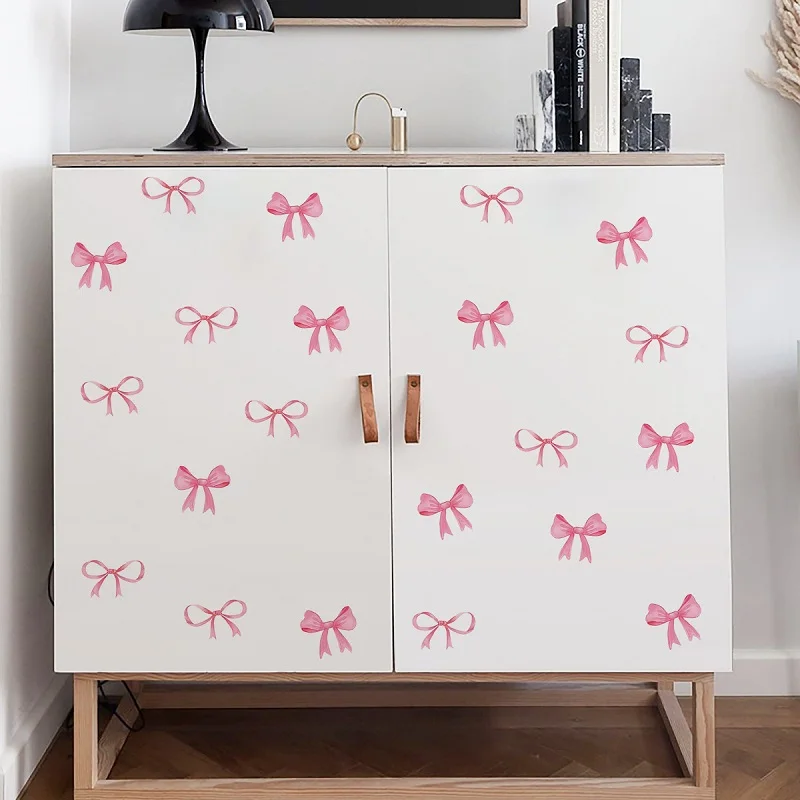 Creative Personality Pink Bow Wall Sticker, Wardrobe Sticker Girl Heart Bedroom Bowknot Wall Sticker PVC self-adhesive