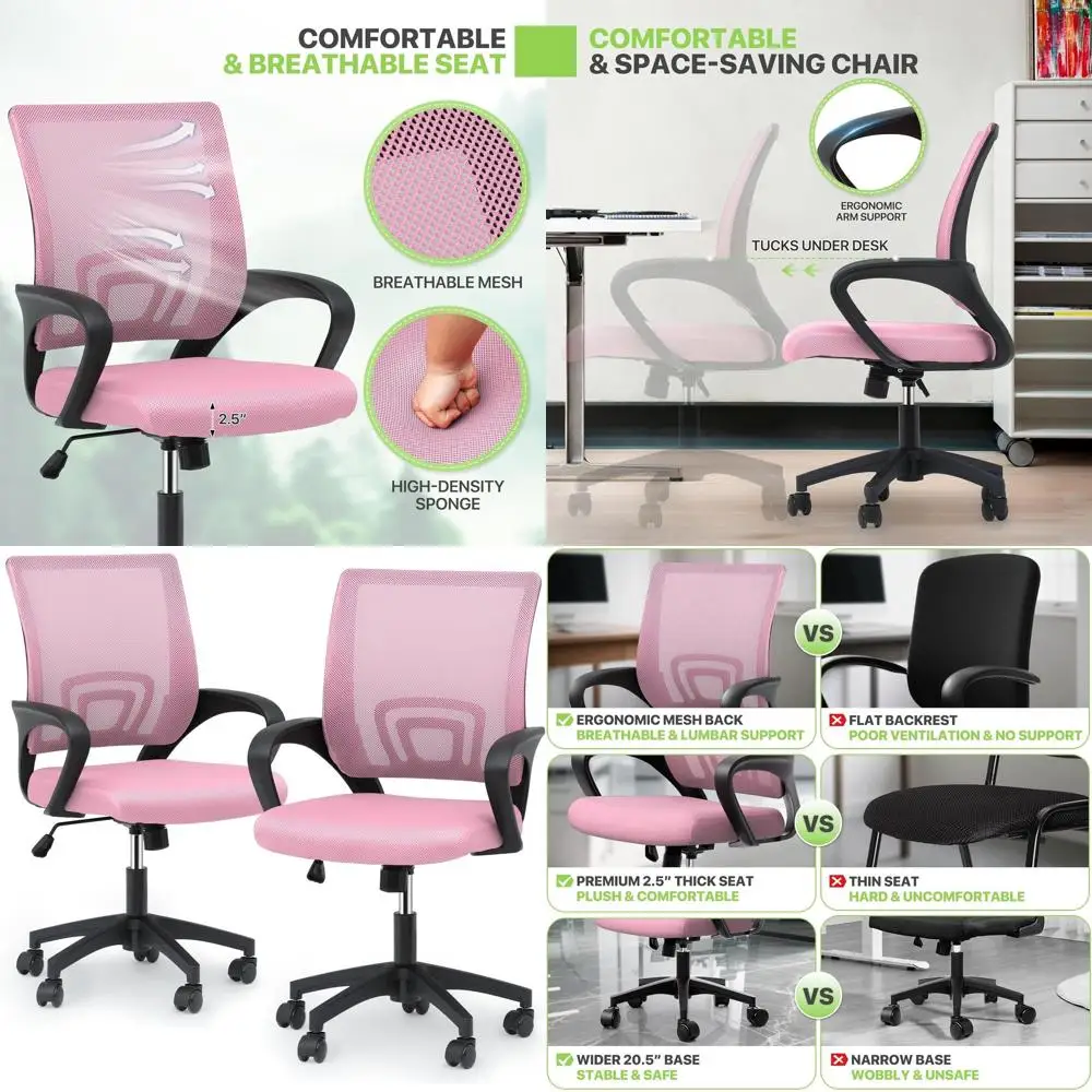 

Эргономичное офисное кресло с сетчатой спинкой, поясничной поддержкой и подлокотниками, на колесиках, для игр, работы, учебы, нагрузка до 136 кг, розовое