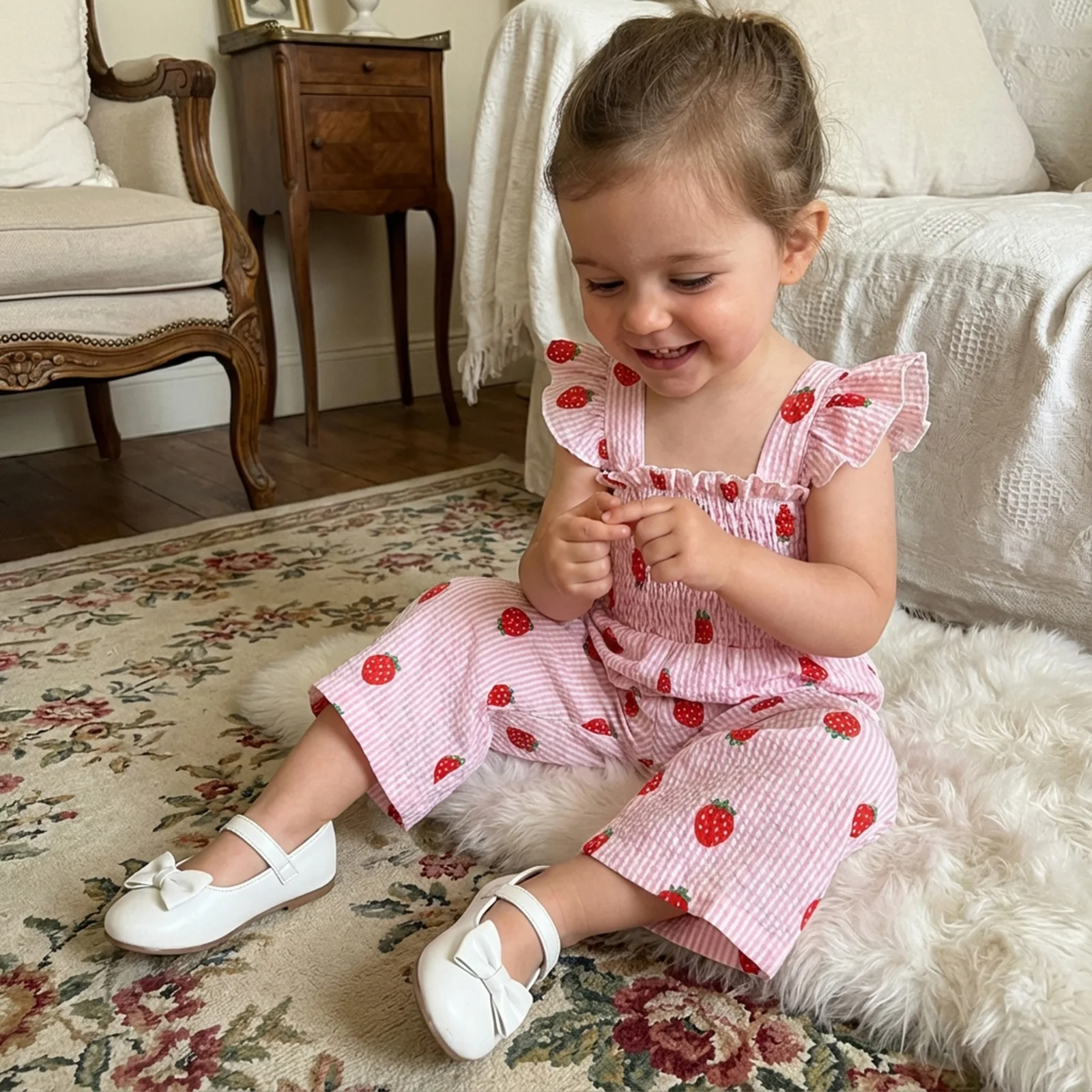 Toddler Kids Baby Girls Summer Jumpsuits Flying Sleeve Strawberry/Cherry Print Ruffles Ruched Rompers Suspender Wide Leg Pants