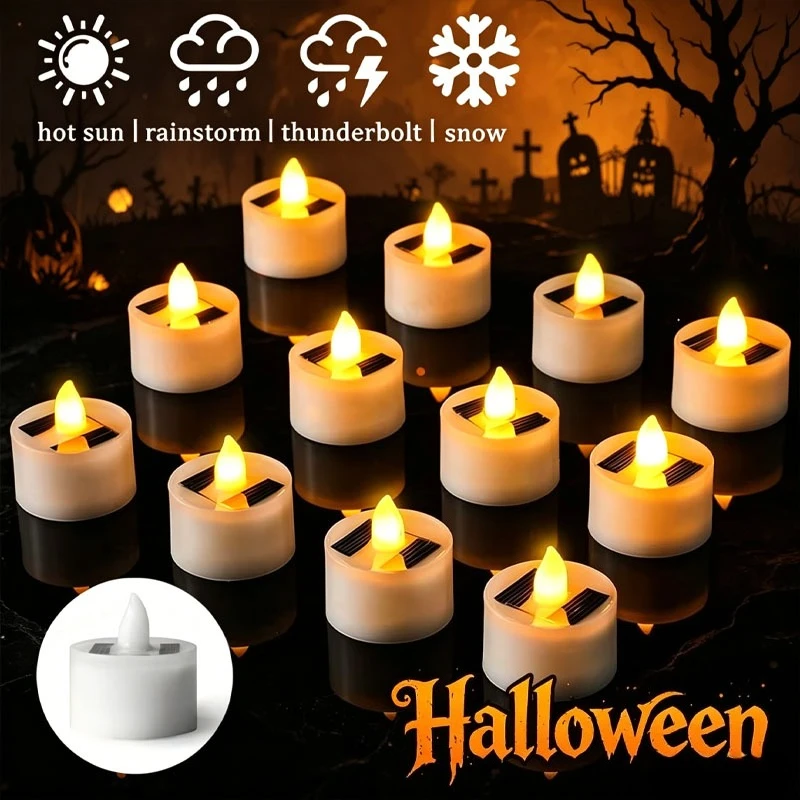 1-10PCS Solar Flickering LED Tea Light Waterproof Flameless Candle for Outdoor Holiday Christmas Halloween Yard Table Decoration