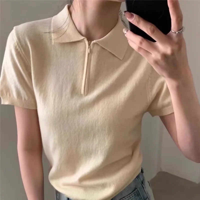 니트 스웨터 여성 풀오버 새로운 화이트 블랙 반팔 니트 스웨터 풀오버 여성 탑스 턴다운 칼라 니트웨어 Q2645