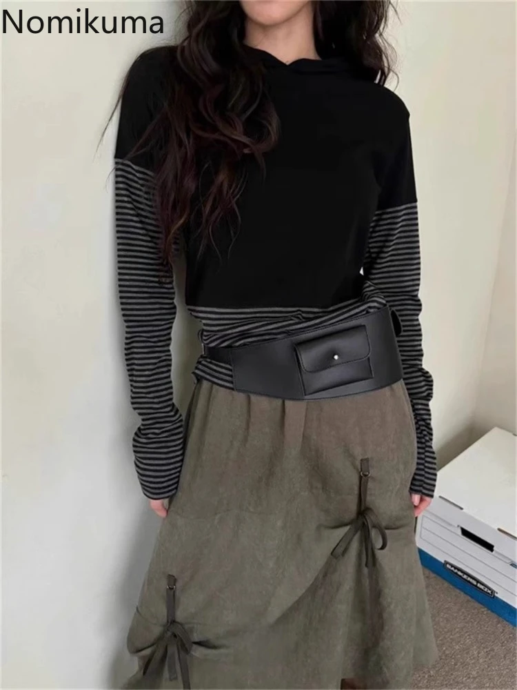 Koreańskie koszulki w stylu vintage Odzież damska Patchwork Koszulki w paski z kapturem Długi rękaw Camisetas Y2k Tops Casual Fashion Tunic Tshirt
